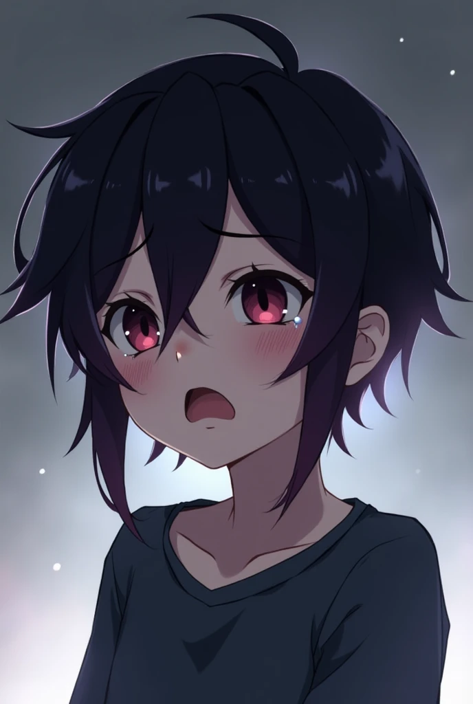 Sad black and purple haired anime boy crying 