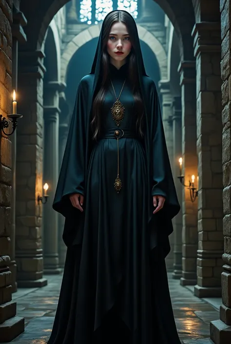 Ultra realistic young woman body, long black hair fringe braided, gothic nun , menacing face, dungeon .