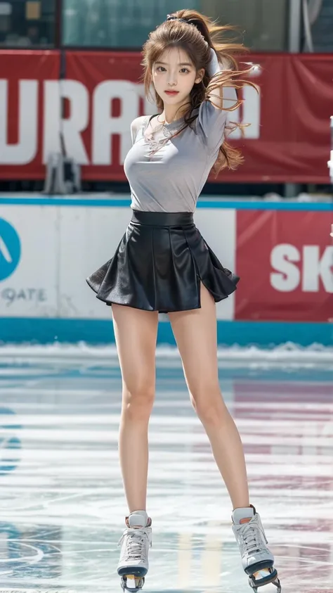 (8k, best quality:1.3), (extremely detailed:1.2), perfect anatomy, beautiful Japanese woman, 18 years old, healthy thighs, beautiful legs, beautiful skin, random hair color, random hairstyle, large breasts, (she is standing:1.2), female figure skater, figu...