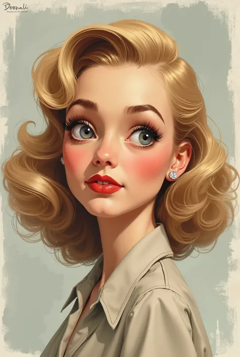 1940s woman in her late 20s, with blonde hair and grey eyes, in a semi cartoonish drawing.