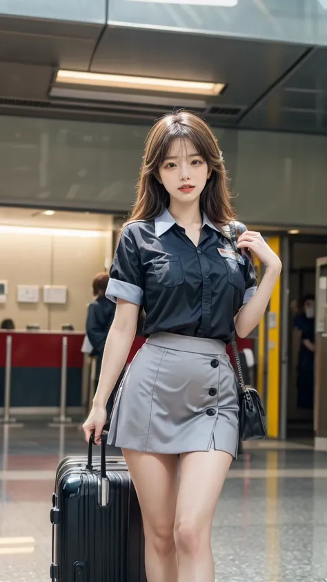 A beautiful, 24-year-old Japanese woman with perfect anatomy, healthy thighs, beautiful legs, beautiful skin, random hair color and style, large breasts, (wearing a flight attendant uniform with a mini-skirt:1.3), (she is standing:1.2), full body shot, pum...