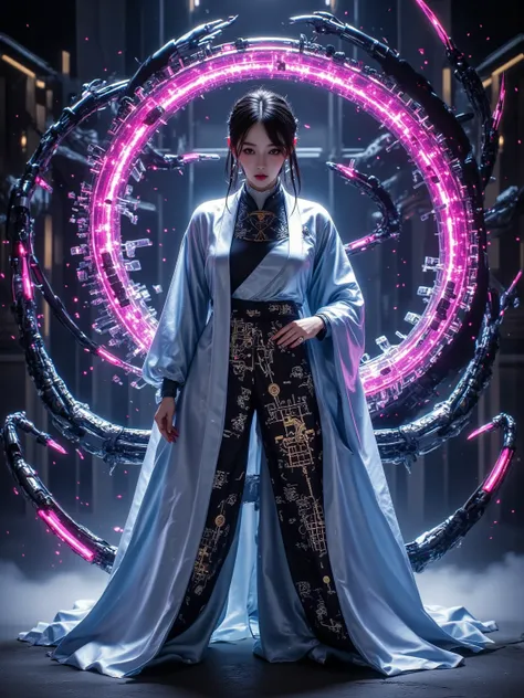 [main body： Cyborg girl in Hanfu ]，[Composition：中心对称Composition， flowing data in the foreground ]，[style： New Chinese Cyberpunk ，水墨笔触与机械 details融合]，[color： main color of indigo with neon pink and purple lighting]，[Light and Shadow： backlighting on the top ...