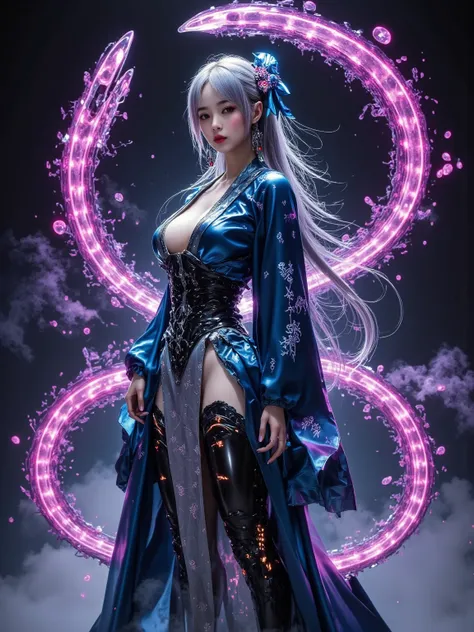 [main body： Cyborg girl in Hanfu ]，[Composition：中心对称Composition， flowing data in the foreground ]，[style： New Chinese Cyberpunk ，水墨笔触与机械 details融合]，[color： indigo main color with neon pink purple lighting]，[Light and Shadow：The backlight on the top side cr...