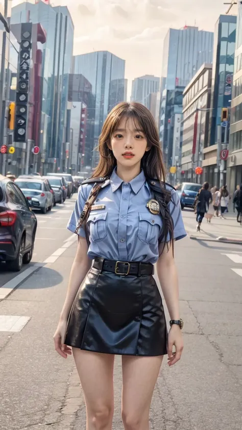 beautiful Japanese woman, 22 years old, perfect anatomy, healthy thighs, beautiful legs, beautiful skin, random hair color, random hairstyle, large breasts, female police officer, (Japanese police uniform:1.3), (miniskirt:1.3), (she is standing:1.2), full ...