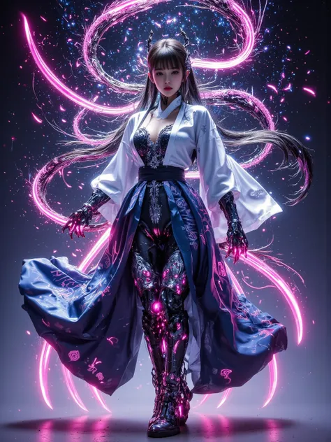 [main body： Cyborg girl in Hanfu ]，[Composition：中心对称Composition， flowing data in the foreground ]，[style： New Chinese Cyberpunk ，水墨笔触与机械 details融合]，[color： indigo main color with neon pink purple lighting]，[Light and Shadow：The backlight on the top side cr...