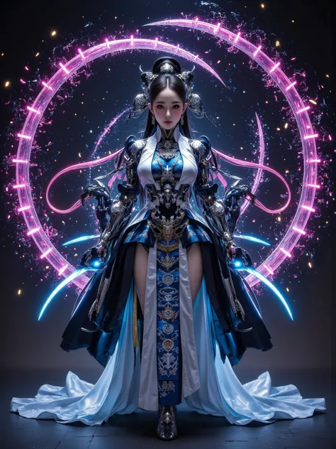 [main body： Cyborg girl in Hanfu ]，[Composition：中心对称Composition， flowing data in the foreground ]，[style： New Chinese Cyberpunk ，水墨笔触与机械 details融合]，[color： main color of indigo with neon pink and purple lighting]，[Light and Shadow： backlighting on the top ...