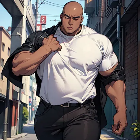 (Express up to the thigh), ( high resolution, 8k), (shaved head), ( Dark Skin), ( thick lips), (Black thick jacket ,  white t-shirt ), ( black pants),  A huge, slightly fat man with a strong physique with his eyes closed, (frowned ), Action,  cowboy shot, ...