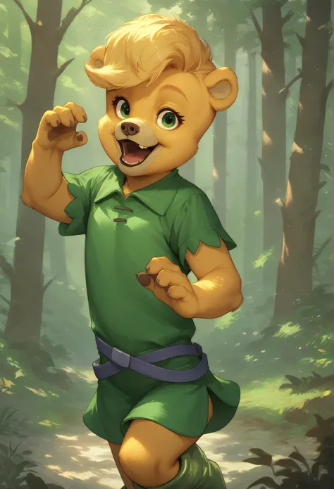 score_9, score_8_up, score_7_up, rating_safe, source_furry, solo, sunni gummi, young anthro, bear, blonde hair, green eyes, green tunic, green boots, buckled waistband, outside, detailed background, forest, three-quarter portrait, open smile, dynamic pose,...