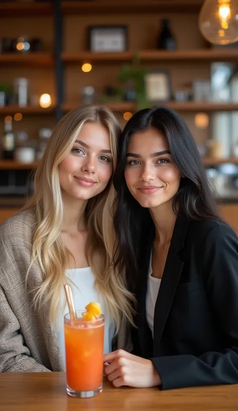 " A 23-year-old blonde and a 21-year-old black-haired girl are sitting side by side in a sophisticated restaurant,  posing for a photo .  The blonde has long, wavy hair ,  wears an elegant white blouse and a plaid shawl in neutral tones ,  with a soft smil...