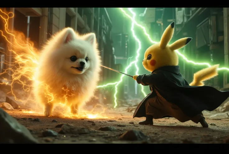 A battle scene featuring a white Pomeranian engulfed in fire burning, charging forward with fiery energy, against Pikachu dressed as Voldemort. Pikachu is wearing a dark cloak and wielding a wand, casting a green lightning. The battlefield is set in the ru...