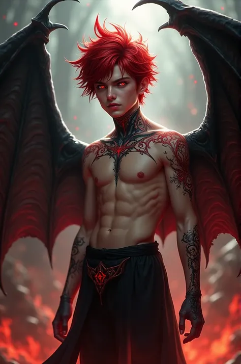  a red-haired teenage boy, Red eyes and black wings what is a demon 