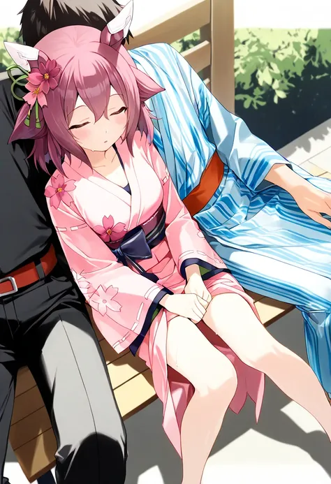 shoot from front, shoot from above, sleeping, closed eyes, parted lips, blush, sweat, indoor, sitting on bench, closed legs, leaning on wall, leaning on person, yukata, floral printed yukata, lite pink yukata, ((1 girl)), umamusume, Sakura Chiyono O, sky b...