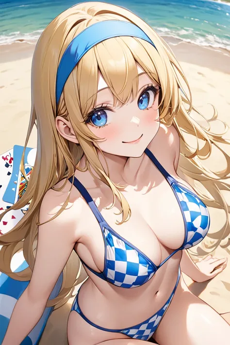  top quality,   ultra high resolution、(( girl))、 beach、 Long Golden Hair, blue eyes,Alice、 blue headband、playing card pattern swimsuit、 beachボールを抱えている、smile