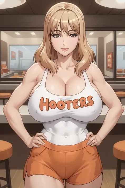 mako suzumoto ,mature female, 1girl, solo, blonde brown hair, long hair, brown eyes, huge breasts, cleavage, flirting, ((looking at viewer)), bare shoulders, hooters uniform, hooters, white tanktop, orange shorts, curvy, toned, standing, hands on hip, sexu...