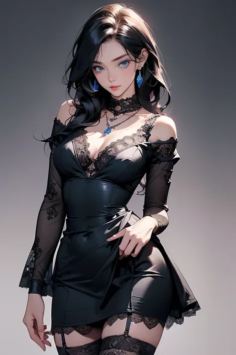 最高  Masterpiece、  Masterpiece、  top quality、((  beautiful、  cute)).blue lace top  、  (( super detailed eyes:1.25)).  black tight skirt   、  elegant、  sexy、  necklace、  black stockings  、  beautiful woman、  cute、  Tiny Breasts 、  sharp、Hand on waist、  hair ...