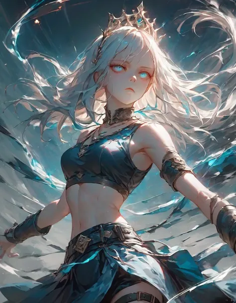 (masterpiece, high quality, amazing detail), realistic, 1girl, solo, action shot, dynamic angle, serious, no pupils, wind, ss-yp$-illu, src, long hair, tiara, necklace, crop top, bracer, midriff, belt, skirt, thigh strap, magic,
