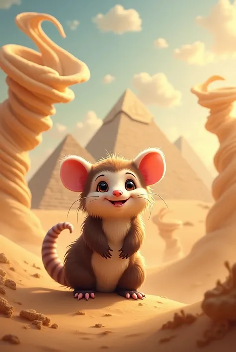 Cute brown fur opossum, smiling, sand tornados in background, pyramids in background