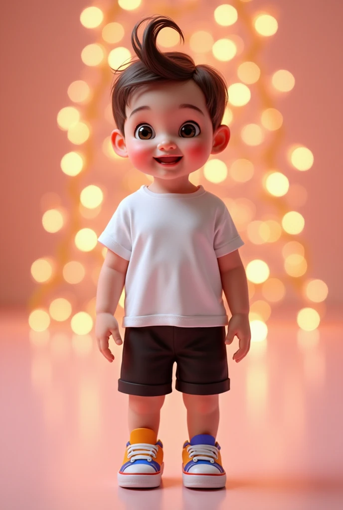 2. Adorable  Style: "A charming baby dressed in a white t-shirt and trendy black shorts. Their colorful shoes add a playful touch, and the background glows with bright lights in a polished setting."