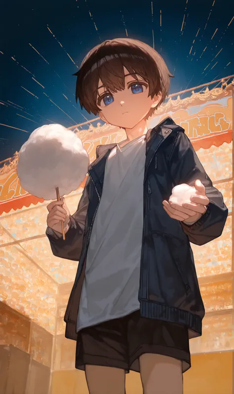 1boy, , , (ciloranko:0.9), lack,foreshortening, brown hair,closed mouth, blue eyes,solo , cinematic, masterpiece, best quality, good quality, newest, highres, absurdres,shota,standing,black shorts clothes,jacket,oversized shirt, holding cotton candy, carni...