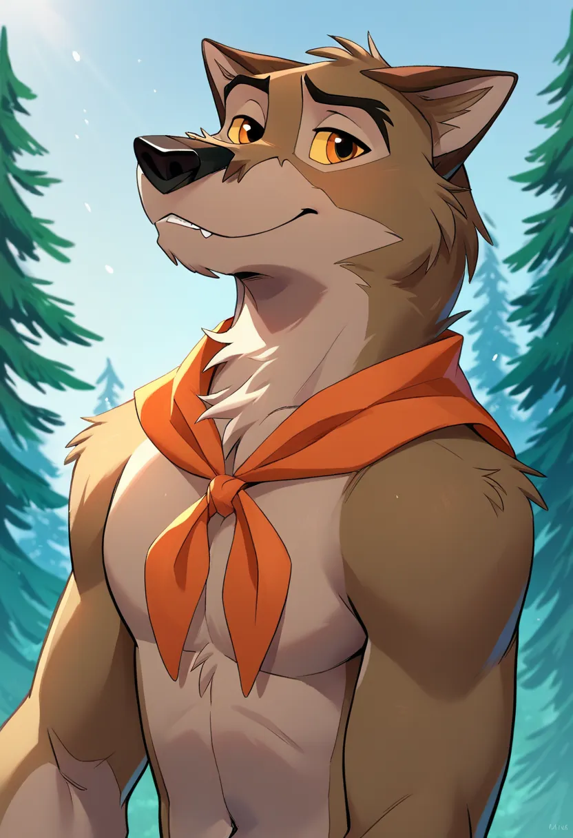 score_9, score_8_up, score_7_up, source_furry, source_furry, baltotwd, wolfdog, solo, anthro, snowing, forest, orange neckerchief