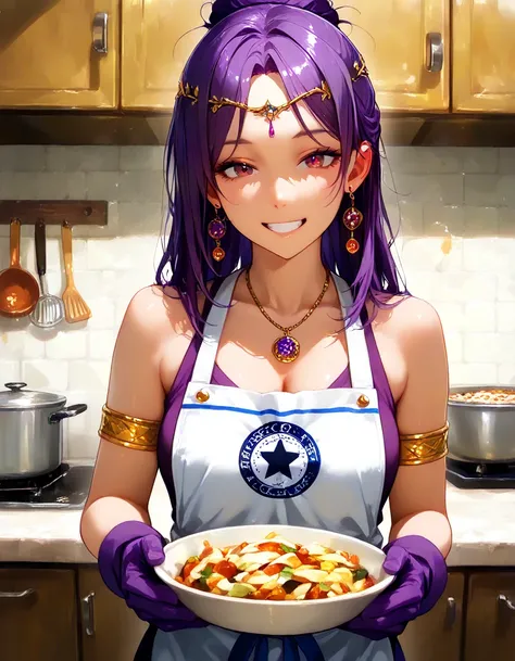 (masterpiece, high quality, amazing detail), realistic, 1girl, solo, purple turtlenech, apron, purple gloves, holding dish, food, smiling, kitchen, ss-yp$-illu, hadesnyx, armlet, earrings, necklace, hair ornament, star circlet,
