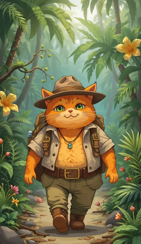 CREATE A PICTURE OF A LITTLE FAT ORANGE CAT WEARING TYPICAL BROWN ADVENTURER CLOTHING WALKING AROUND JUNGLE. Make the images consistently the same