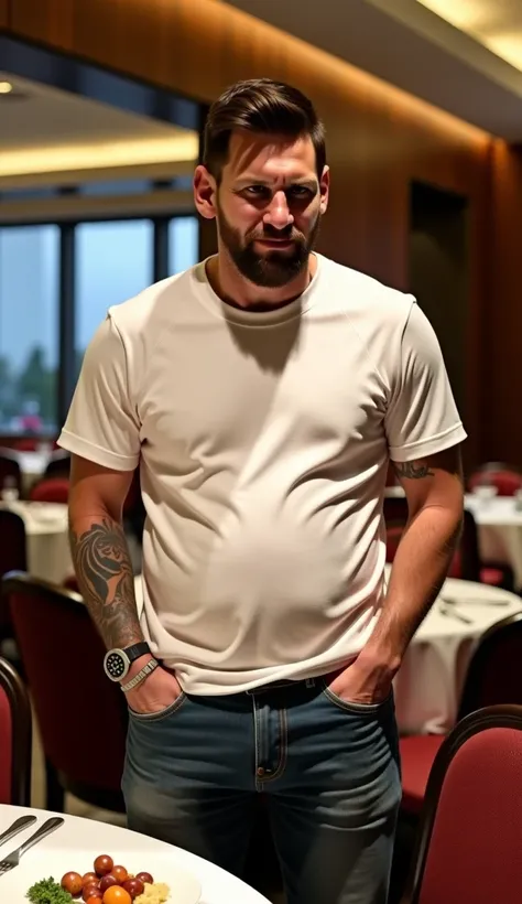 Messi standing in a high-end restaurant, wearing a casual t-shirt and jeans, with his shirt lifted up slightly to reveal his bloated stomach. He has a fat face, large ass, soft chest. He looks at his reflection in the mirror or at his own belly, a little s...