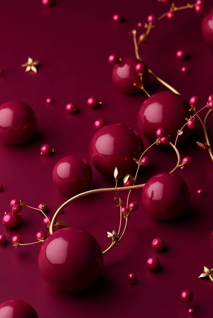 A composition of glossy, deep magenta spheres arranged on a deep burgundy background.  Several spheres of varying sizes are positioned throughout the image, creating a sense of depth and dimension.  Gold-toned, stylized leaves and vines are interwoven with...