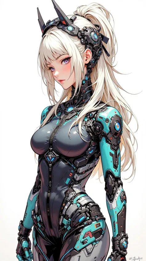  creates a detailed and vivid ink illustration ， depicting a cowboy portrait of a Korean sci-fi princess 。  She wears an exquisite tight-fitting nanotechnology bodysuit， decorated with fine wire ，A headpiece ，necklace， long bleached hair ，Bangs， A pair of ...