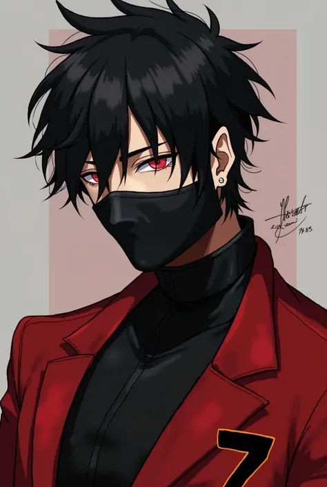 I want a male character similar to Free Fire's profile picture with pointed black hair with red eyes with a black mask covering his mouth and a red blouse with number 7 near the right side of his chest with a Rayder signature next to the doll. 