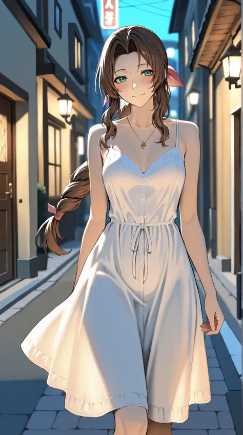 Masterpiece, 1girl, elegant mature woman,  takaman style,Aerith Gainsborough(FFVII), long hair, slim, tall, dynamic lighting, ultra detailed, highres, absurdres, home,stunning visual cg, blushing, gentle smile, (on street, cute sundress), medium shot