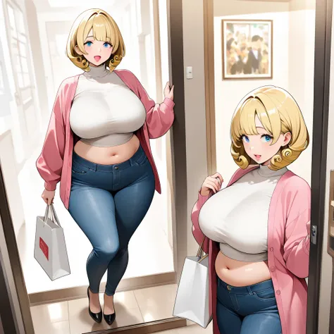 (( top quality)), (( Masterpiece)), (  Details), big tits woman , chubby, blonde hair, blue eyes, navel,   Spiral perm hair ,Wavy Bob Perm ,short hair, pink lips, wide hips, 1 Married Woman、Mature Woman, everyday wear, jeans、 white turtleneck、 pink cardiga...