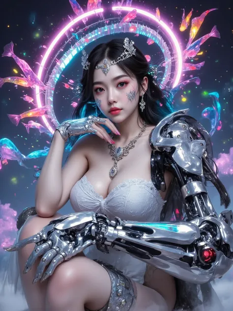  A beautiful girl with a silver crown adorns her cheeks and silver robotic arm with colored fish， in Yan Juncheng's style ，Neon color palette ，Fluorescence effect，Rich in details，Luminescence、 Multi-level character image ，Romanticized nature，Detailed illus...