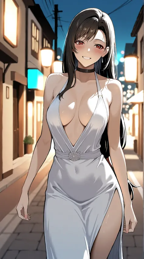 Masterpiece, 1girl, elegant mature woman,  takaman style, Tifa Lockhart (FFVII), long hair, slim, tall, dynamic lighting, ultra detailed, highres, absurdres, home,stunning visual cg, blushing, grin, (on street, plunging halter dress, collar), medium shot