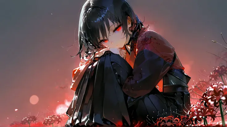  one girl,  Masterpiece,  Top Quality,  beautiful,   Expressionless  ,   jet black hair ,  red eyes,  big eyes,  hakama skirt, Cute sleeves, Red spider lily,  Sitting, Anime