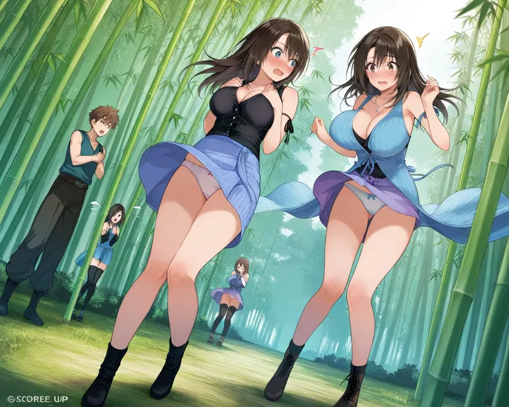 rinoa heartilly, pantyshot, big boobs, bamboo forest, surprised, shy, wind lift, full body