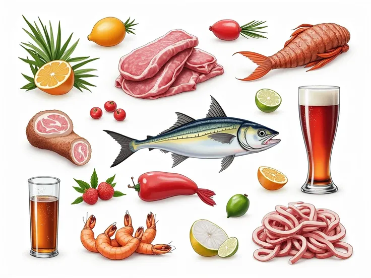  Drawing-like image containing the following foods: Red meat and offal : res, Pig, Cordero, liver, ney, brains.  Seafood and blue fish : shrimp,  sardines , anchovies , Tuna , salmon . bebidas alcohólicas:  Especially beer and hard liquor .  Sugary drinks ...