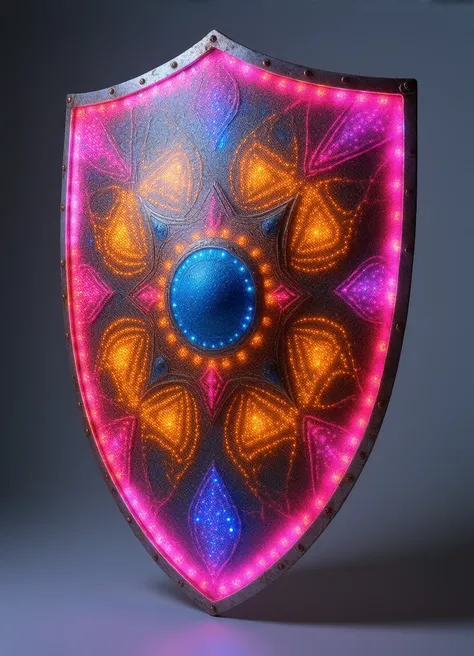 (masterpiece), realistic, UHD ,8k,Photography of an extraordinary shield, brimming with wild and imaginative creativity. This avant-garde shield defies convention, featuring a mesmerizing blend of vibrant colors, intricate patterns, and unconventional mate...