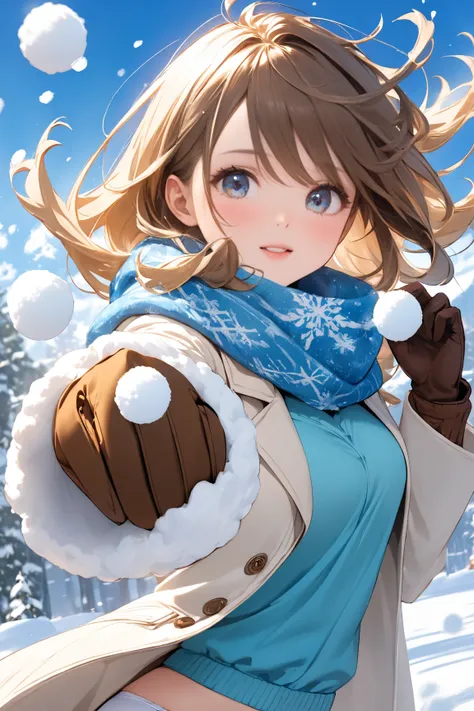 An adult-like woman throwing snowballs、Dynamic pose for throwing a ball、Snow is flying on her hair and face、Her hair color is brown.、 the color of the eyes is brown、 scarf、I'm wearing gloves、 and she wears a white fluffy coat over her bra and panties、The c...