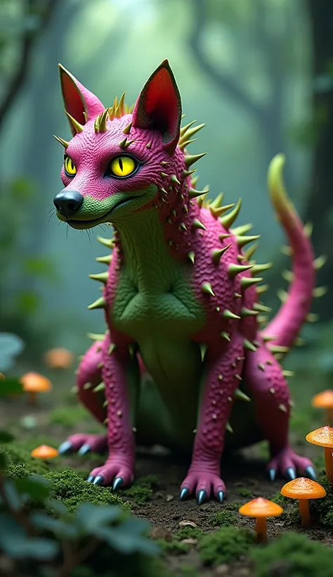 "Create 32k ultra-realistic image of a mutated hybrid fusion of a Dog, Dragon Fruit, and Kale. This evolved creature should have the muscular, detailed body of a dog, with the vibrant, textured pink and green skin of a dragon fruit covering its back and li...