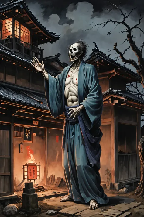 Ghost painting Ukiyo-e Utagawa Kuniyoshi,Ghost Man , Peeled and Disheveled Hair Distorted Expression Slimming Perfect Crucifixion Saggy Hands Without Blood Strength,Torn Lanterns Burn Up ,(((A haunted house standing in front of an old Japanese house)))