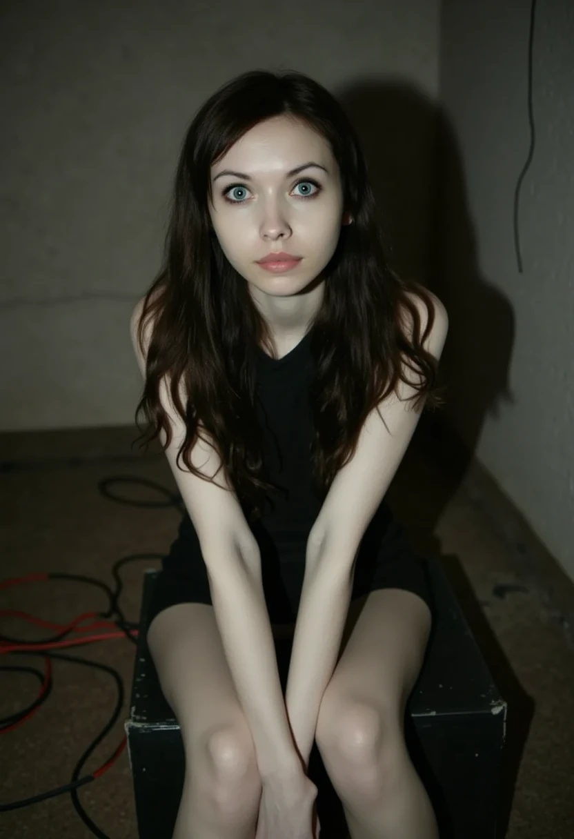 A young woman in her early twenties with long, dark brown hair and pale skin, sits in an intimate indoor setting. Her expression is intense, and her large, round eyes gaze directly at the viewer with a sense of mystery and focus. She is seated on a dark st...