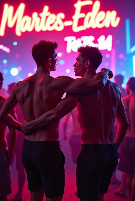 Two naked young men at a neon party with a giant sign in the background that says Martes-Eden