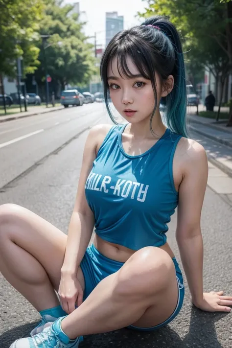 Blue-haired Asian girl in short sportswear