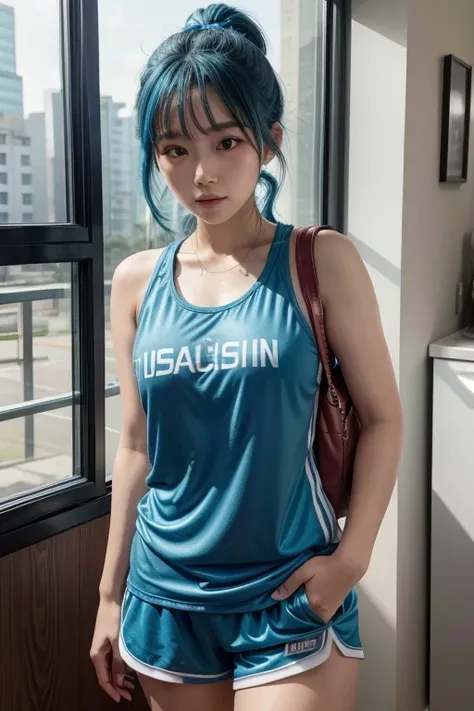 Blue-haired Asian girl in short sportswear