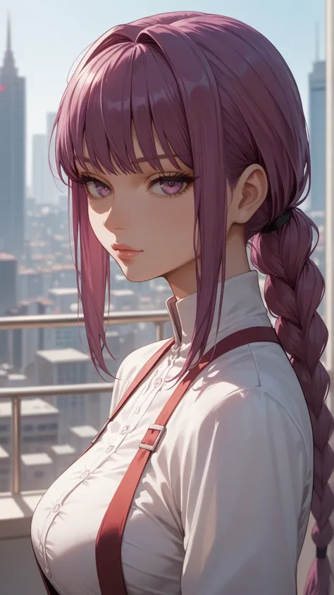 1girl, purple hair, purple eyes, absurdres, high res, ultrasharp, 8K, masterpiece, looking at viewer, Makima outfit, city, long ponytail, kissing face,