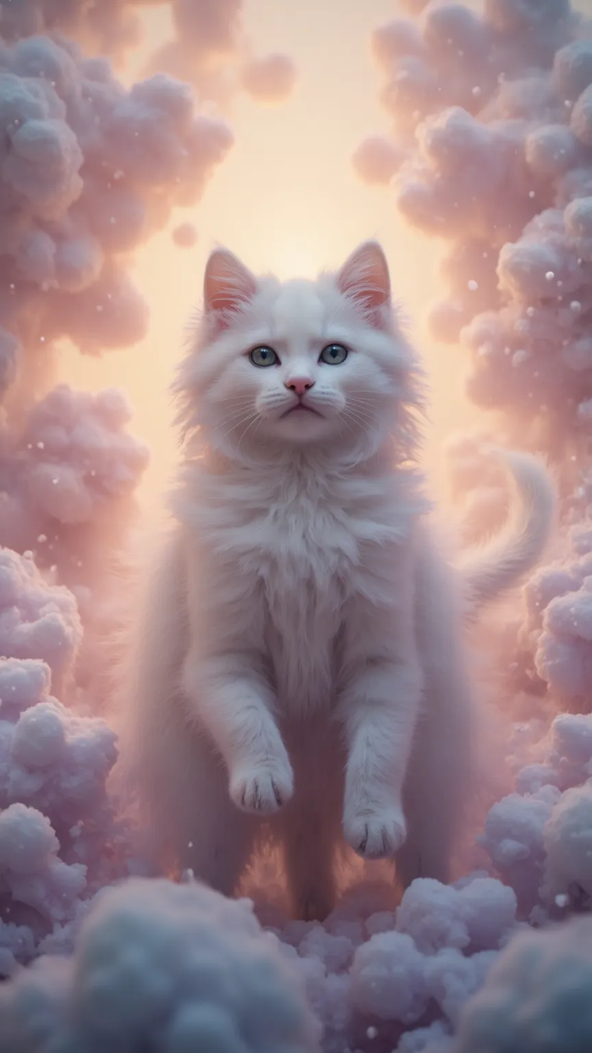 A hyper-realistic kitten with fur made of soft, billowy clouds that seem to float just above its delicate frame. Mist swirls around its paws as it moves, leaving faint trails behind as if walking on air. Its bright blue eyes glow like patches of clear sky,...