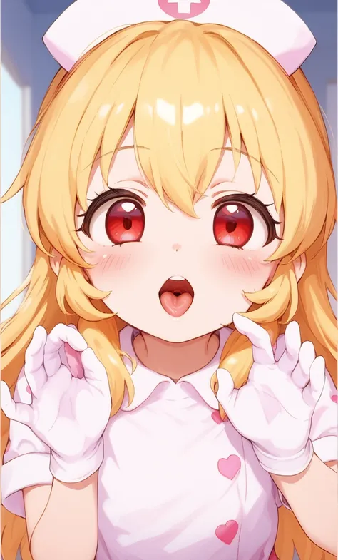 Masterpiece, super masterpiece, ultimate masterpiece, handjob gesture, girl, blonde, red eyes, Ichigo Hoshimiya, nurse, gloves, from the chest up, handjob gesture close-up, handjob gesture special,Mouse OPEN, , loli , aged down ,  , petite , cute  , ,fella...