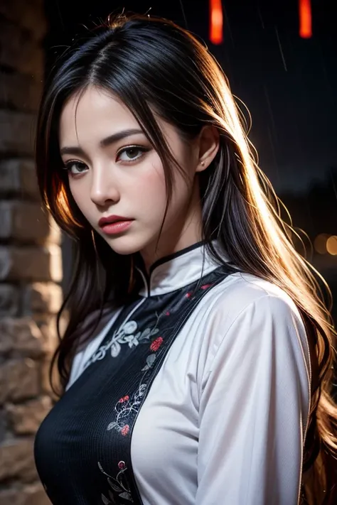 Masterpiece, best quality, night, outdoors, rainy days, branches, Chinese style, ancient China, Marian Rivera, mature woman, silver white long haired woman, gray blue eyes, light pink lips, cold, serious, weak, bangs, assassins, short knives, white clothes...