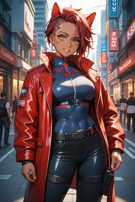 Cyberpunk RED characters。
Street name:  Red Wolf （Red Wolf）
age: 26 years old
Appearance :
 long wavy dark red hair
burnt skin 、 sharp amber eyes
Black and red leather coat and tactical pants
The left arm is full cybernetics（ with power boost ）
Ability val...